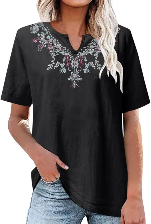 Linen Tops for Women Boho Short Sleeve Tops Notch V Neck Loose Fit T-Shirt Embroidered Blouse