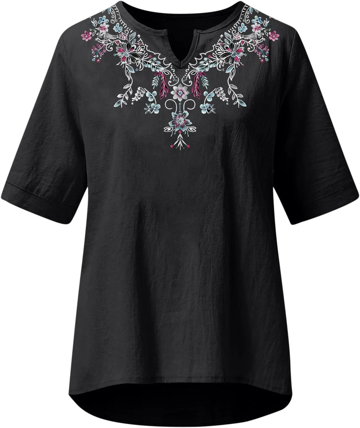 Linen Tops for Women Boho Short Sleeve Tops Notch V Neck Loose Fit T-Shirt Embroidered Blouse
