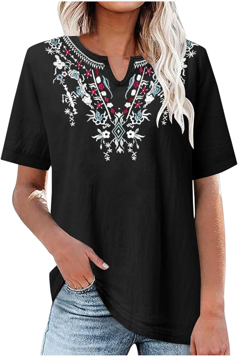 Linen Tops for Women Boho Short Sleeve Tops Notch V Neck Loose Fit T-Shirt Embroidered Blouse