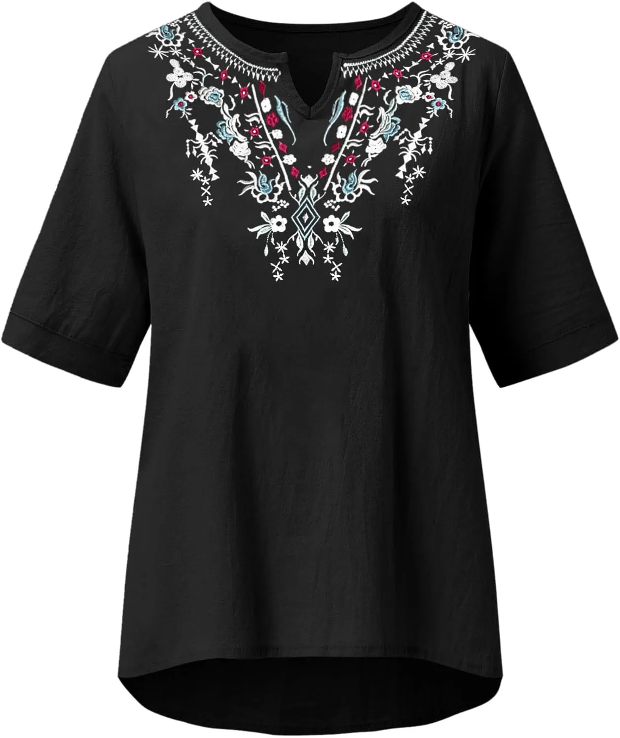 Linen Tops for Women Boho Short Sleeve Tops Notch V Neck Loose Fit T-Shirt Embroidered Blouse