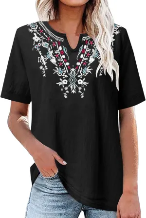 Linen Tops for Women Boho Short Sleeve Tops Notch V Neck Loose Fit T-Shirt Embroidered Blouse