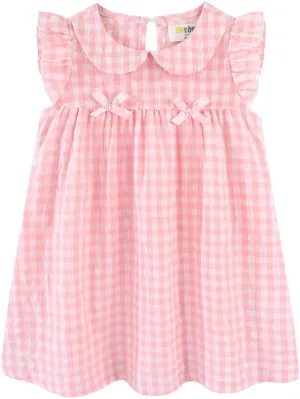 Little Girls Dresses Short Sleeve Cotton Plaid Kids Summer Dress
