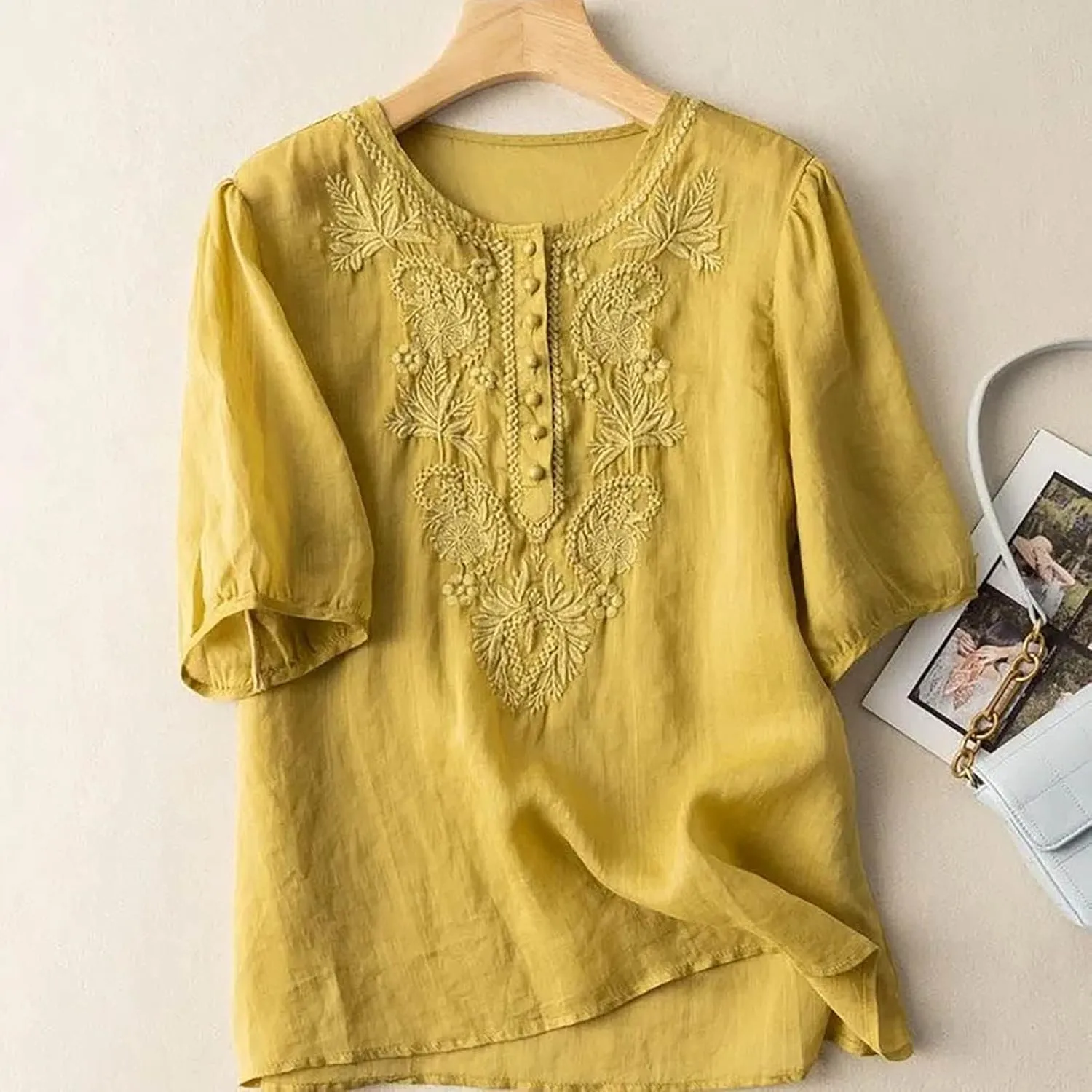 Lmdudan 2025 Boho Embroidered Tops for Women Cotton Linen Peasant Blouses Summer Short Sleeve Bohemian Shirts Tees Tunics