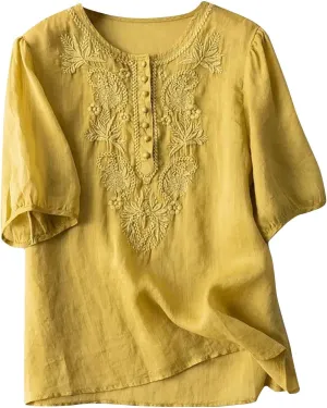 Lmdudan 2025 Boho Embroidered Tops for Women Cotton Linen Peasant Blouses Summer Short Sleeve Bohemian Shirts Tees Tunics