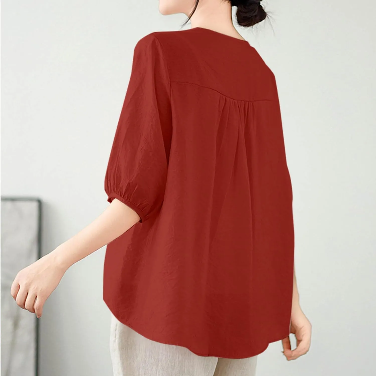 Lmdudan 2025 Summer Embroidered Tops for Women Cotton Linen Tees Half Sleeve V Neck Blouses Breathable Soft Comfy Shirts
