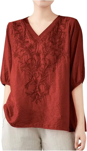 Lmdudan 2025 Summer Embroidered Tops for Women Cotton Linen Tees Half Sleeve V Neck Blouses Breathable Soft Comfy Shirts