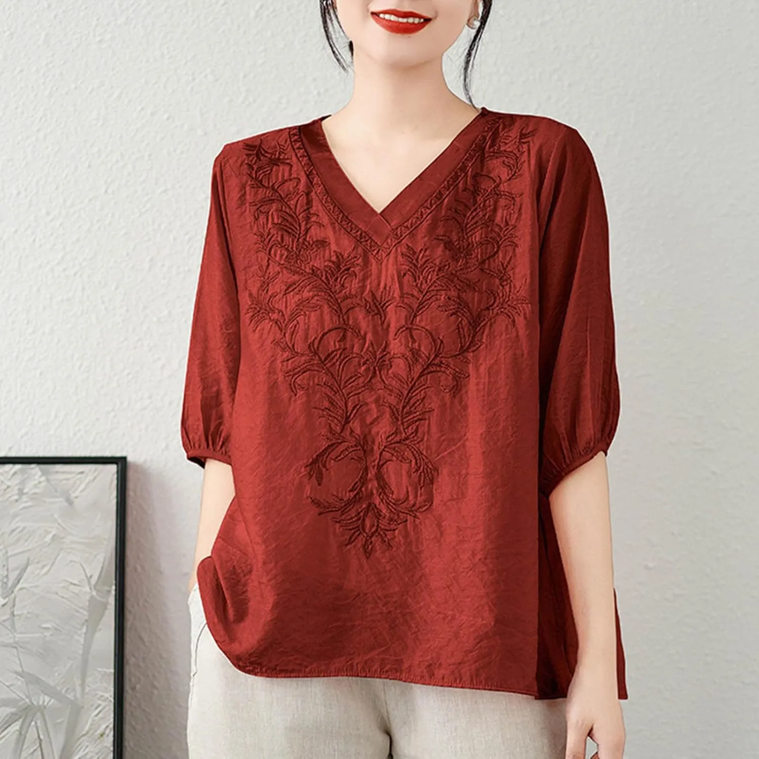Lmdudan 2025 Summer Embroidered Tops for Women Cotton Linen Tees Half Sleeve V Neck Blouses Breathable Soft Comfy Shirts