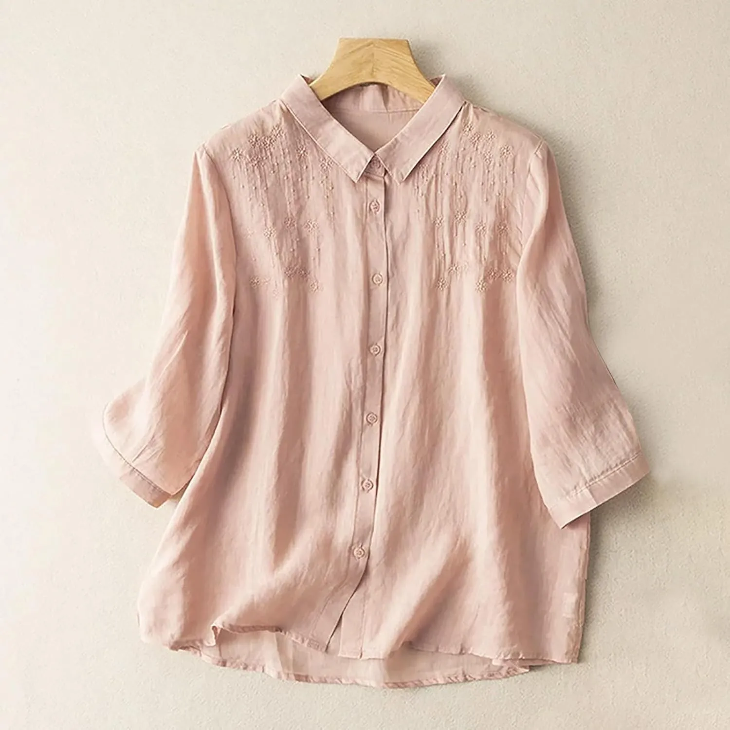 Lmdudan Women 3/4 Sleeve Cotton Linen Tops Fashion Solid Color Lapel Tees Shirts Casual Comfy Button Blouses 2024 Summer