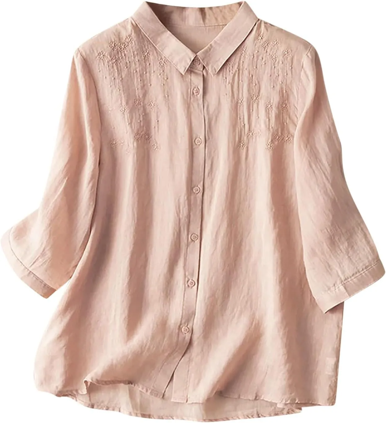 Lmdudan Women 3/4 Sleeve Cotton Linen Tops Fashion Solid Color Lapel Tees Shirts Casual Comfy Button Blouses 2024 Summer