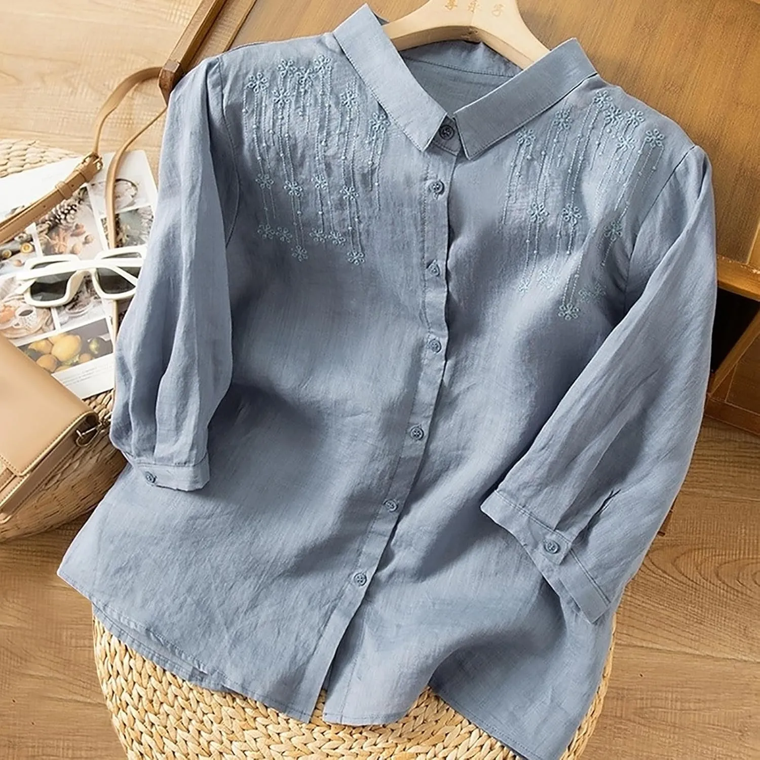 Lmdudan Women 3/4 Sleeve Cotton Linen Tops Fashion Solid Color Lapel Tees Shirts Casual Comfy Button Blouses 2024 Summer