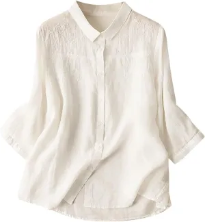 Lmdudan Women 3/4 Sleeve Cotton Linen Tops Fashion Solid Color Lapel Tees Shirts Casual Comfy Button Blouses 2024 Summer