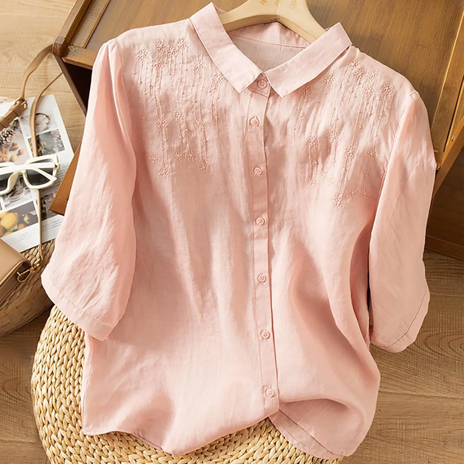 Lmdudan Women 3/4 Sleeve Cotton Linen Tops Fashion Solid Color Lapel Tees Shirts Casual Comfy Button Blouses 2024 Summer