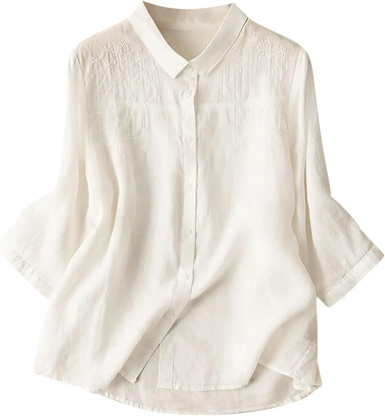 Lmdudan Women 3/4 Sleeve Cotton Linen Tops Fashion Solid Color Lapel Tees Shirts Casual Comfy Button Blouses 2024 Summer