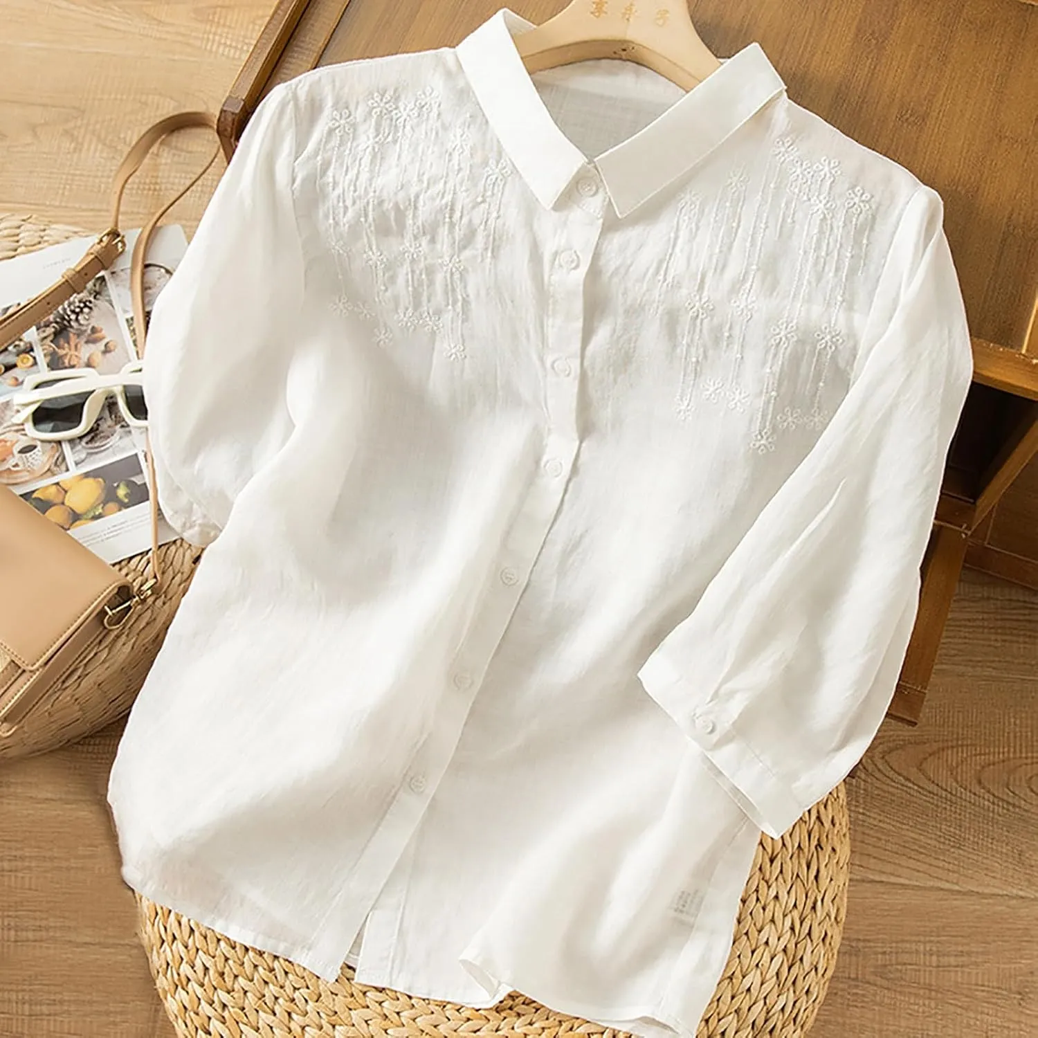 Lmdudan Women 3/4 Sleeve Cotton Linen Tops Fashion Solid Color Lapel Tees Shirts Casual Comfy Button Blouses 2024 Summer