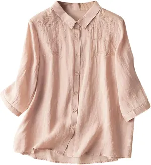 Lmdudan Women 3/4 Sleeve Cotton Linen Tops Fashion Solid Color Lapel Tees Shirts Casual Comfy Button Blouses 2024 Summer