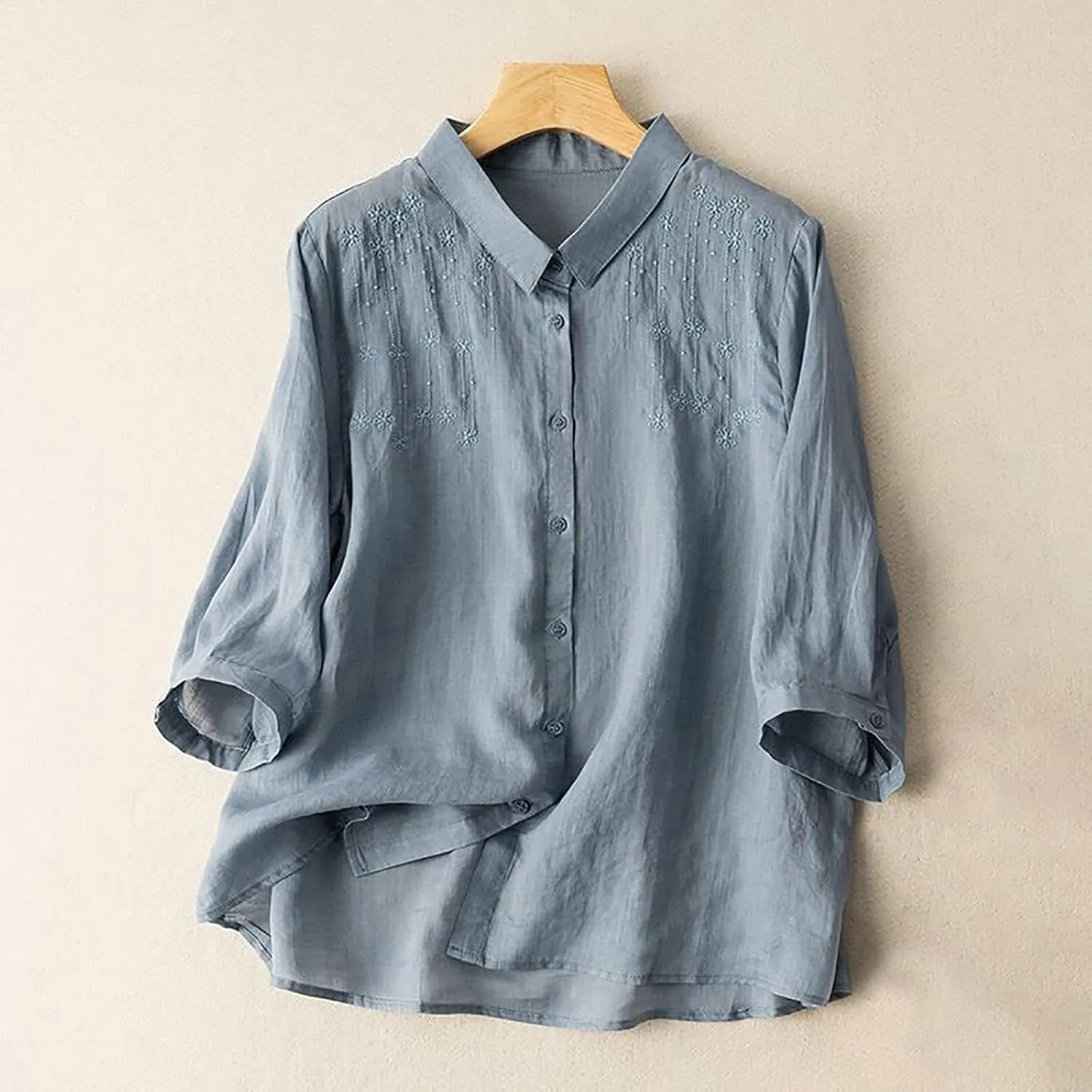 Lmdudan Women 3/4 Sleeve Cotton Linen Tops Fashion Solid Color Lapel Tees Shirts Casual Comfy Button Blouses 2024 Summer