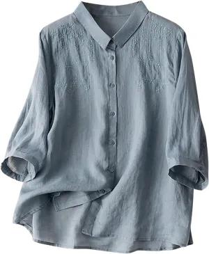 Lmdudan Women 3/4 Sleeve Cotton Linen Tops Fashion Solid Color Lapel Tees Shirts Casual Comfy Button Blouses 2024 Summer