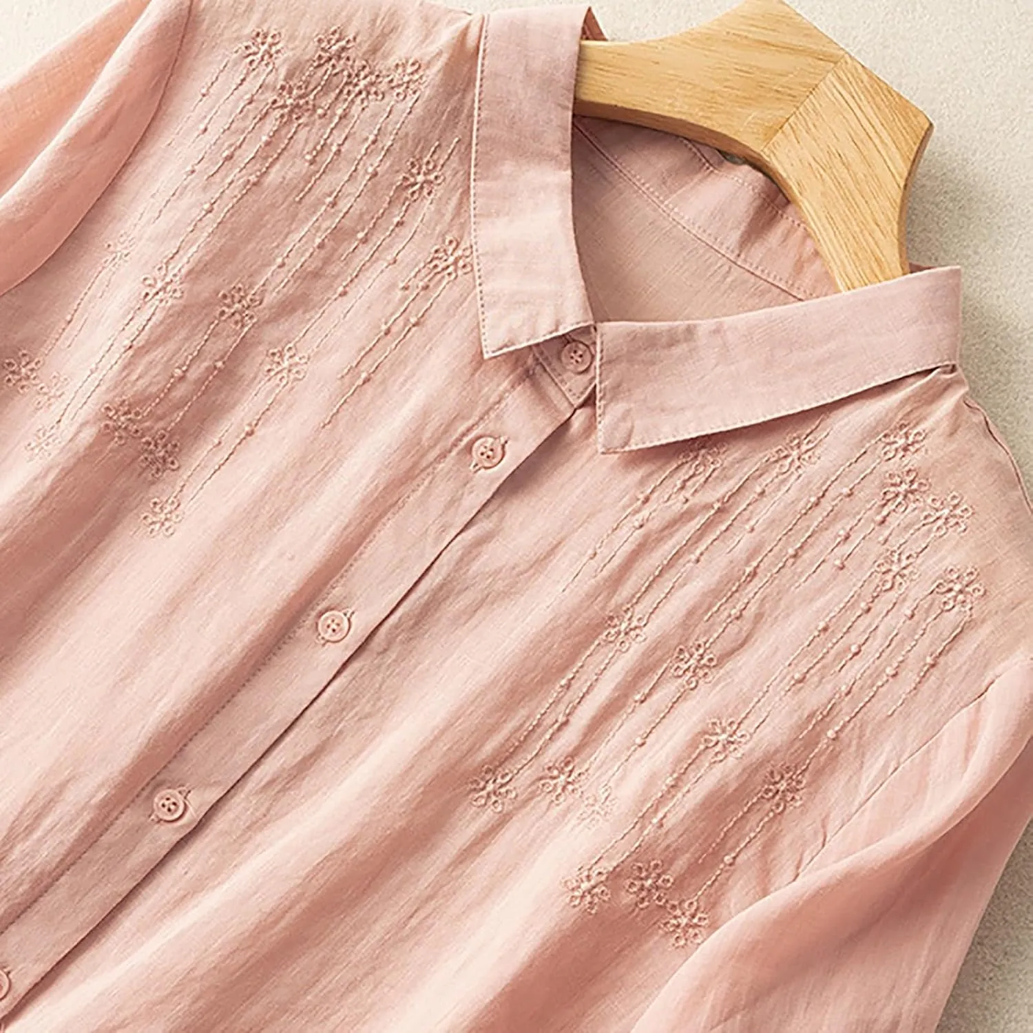 Lmdudan Women 3/4 Sleeve Cotton Linen Tops Fashion Solid Color Lapel Tees Shirts Casual Comfy Button Blouses 2024 Summer