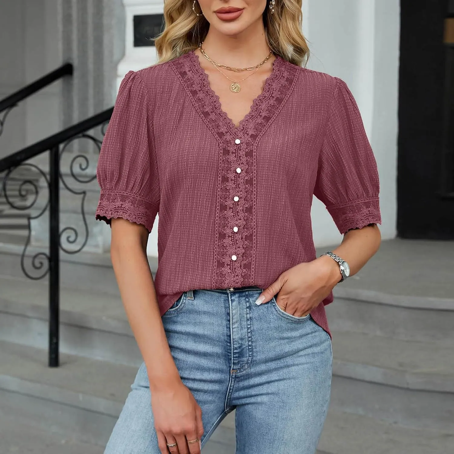 Lmdudan Womens Dressy Casual Blouse Short Puff Sleeve V Neck Lace Tops 2025 Summer Trendy Cute Ladies Business Work Shirts