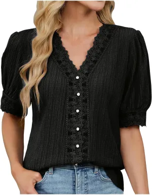Lmdudan Womens Dressy Casual Blouse Short Puff Sleeve V Neck Lace Tops 2025 Summer Trendy Cute Ladies Business Work Shirts