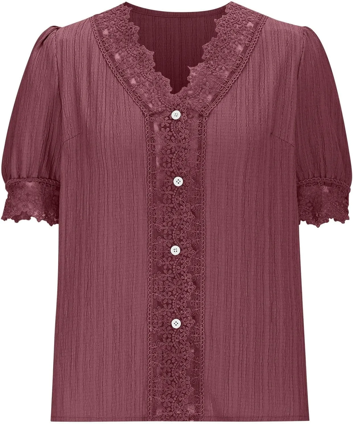Lmdudan Womens Dressy Casual Blouse Short Puff Sleeve V Neck Lace Tops 2025 Summer Trendy Cute Ladies Business Work Shirts