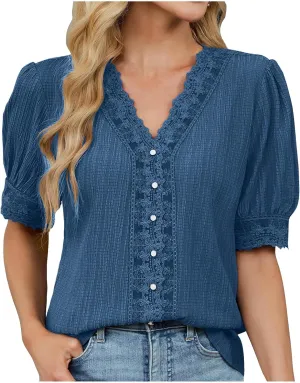 Lmdudan Womens Dressy Casual Blouse Short Puff Sleeve V Neck Lace Tops 2025 Summer Trendy Cute Ladies Business Work Shirts