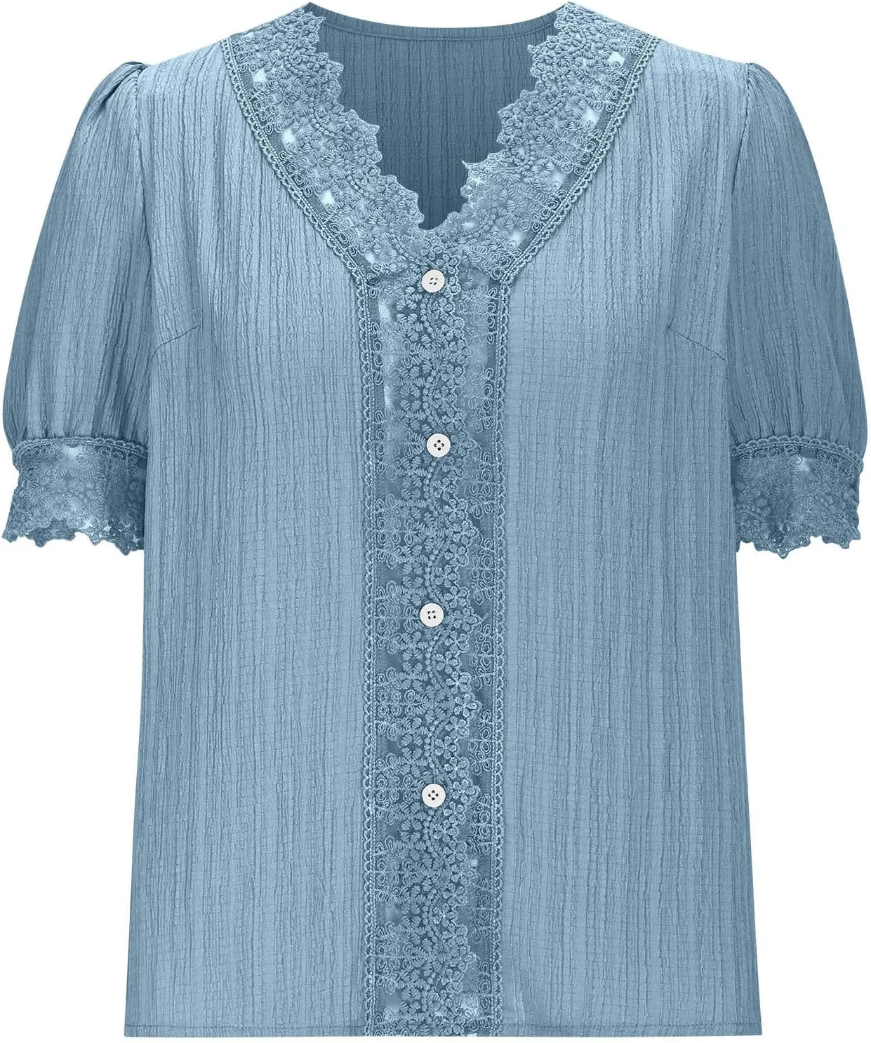 Lmdudan Womens Dressy Casual Blouse Short Puff Sleeve V Neck Lace Tops 2025 Summer Trendy Cute Ladies Business Work Shirts