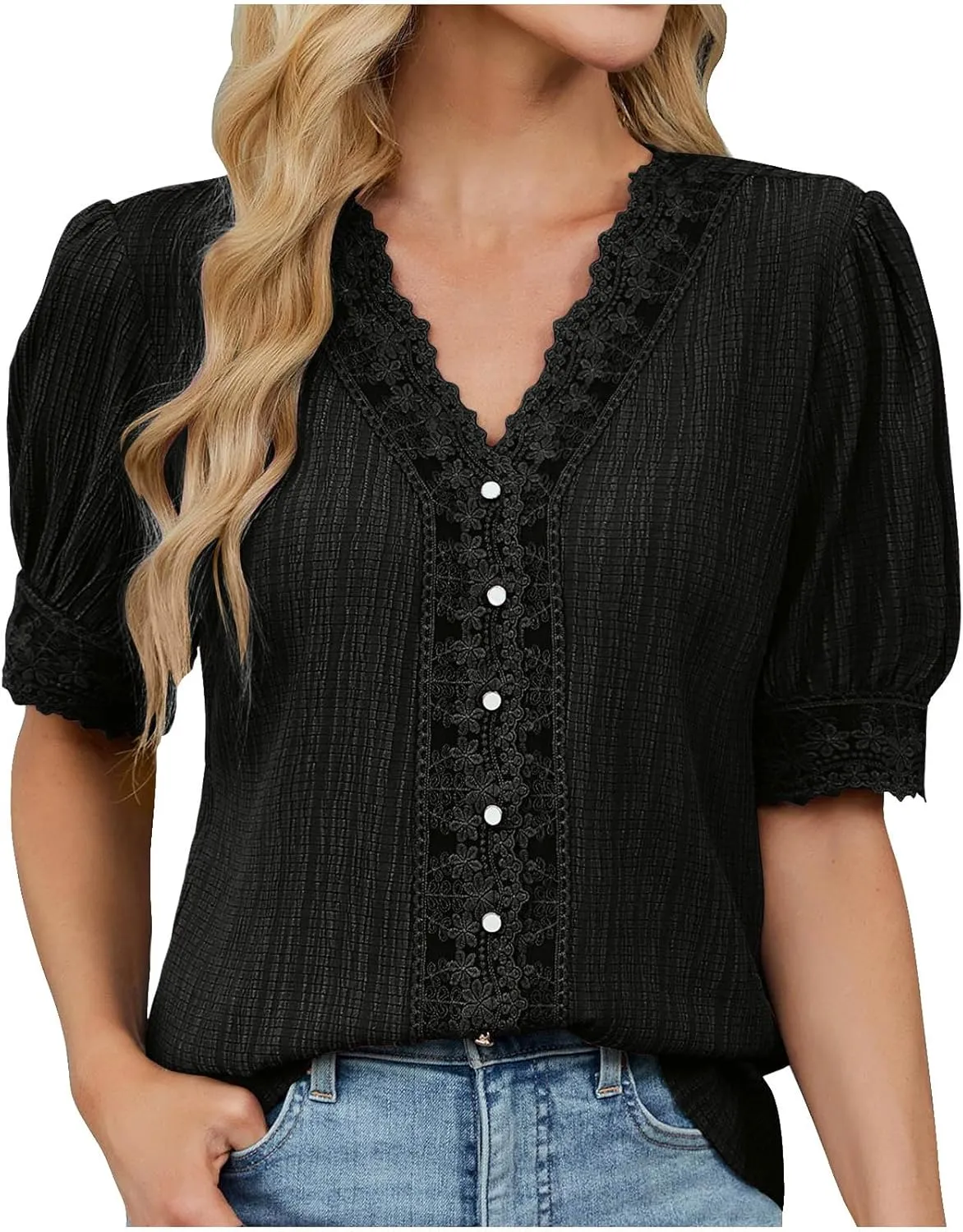 Lmdudan Womens Dressy Casual Blouse Short Puff Sleeve V Neck Lace Tops 2025 Summer Trendy Cute Ladies Business Work Shirts