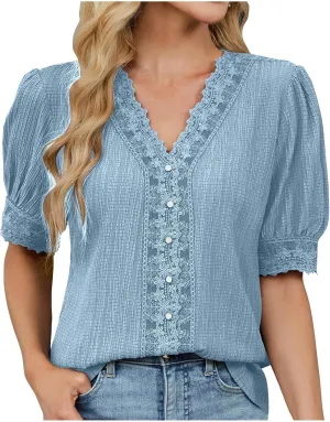 Lmdudan Womens Dressy Casual Blouse Short Puff Sleeve V Neck Lace Tops 2025 Summer Trendy Cute Ladies Business Work Shirts