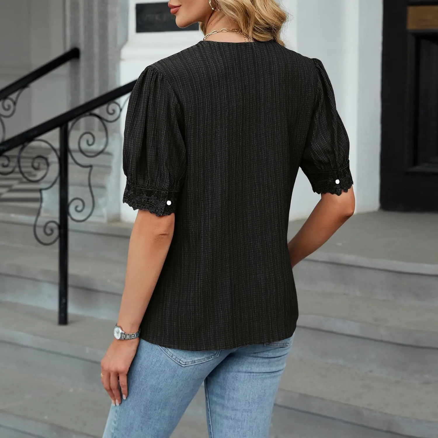 Lmdudan Womens Dressy Casual Blouse Short Puff Sleeve V Neck Lace Tops 2025 Summer Trendy Cute Ladies Business Work Shirts
