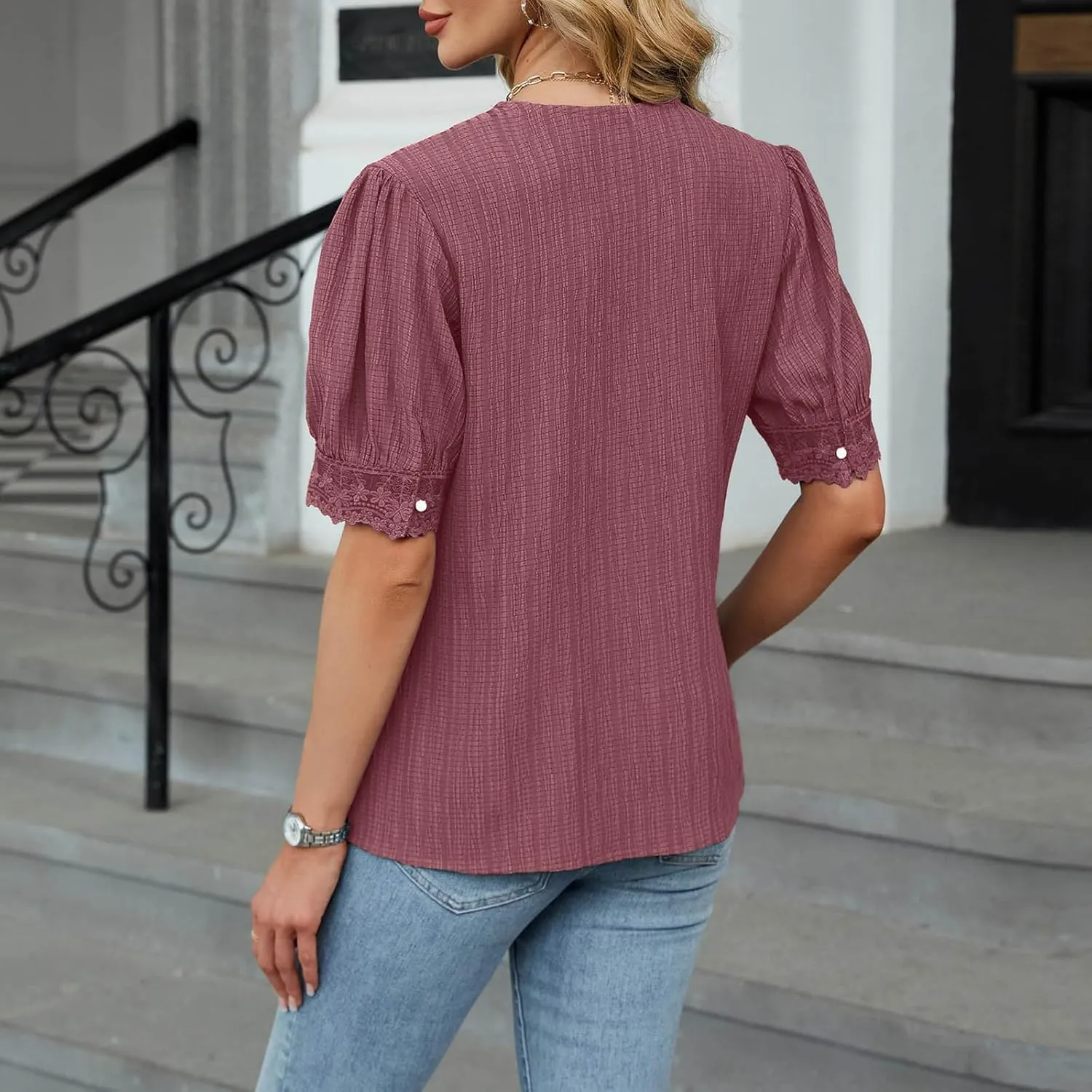 Lmdudan Womens Dressy Casual Blouse Short Puff Sleeve V Neck Lace Tops 2025 Summer Trendy Cute Ladies Business Work Shirts