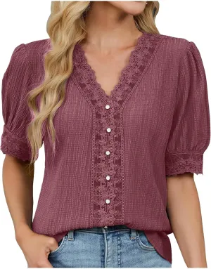 Lmdudan Womens Dressy Casual Blouse Short Puff Sleeve V Neck Lace Tops 2025 Summer Trendy Cute Ladies Business Work Shirts