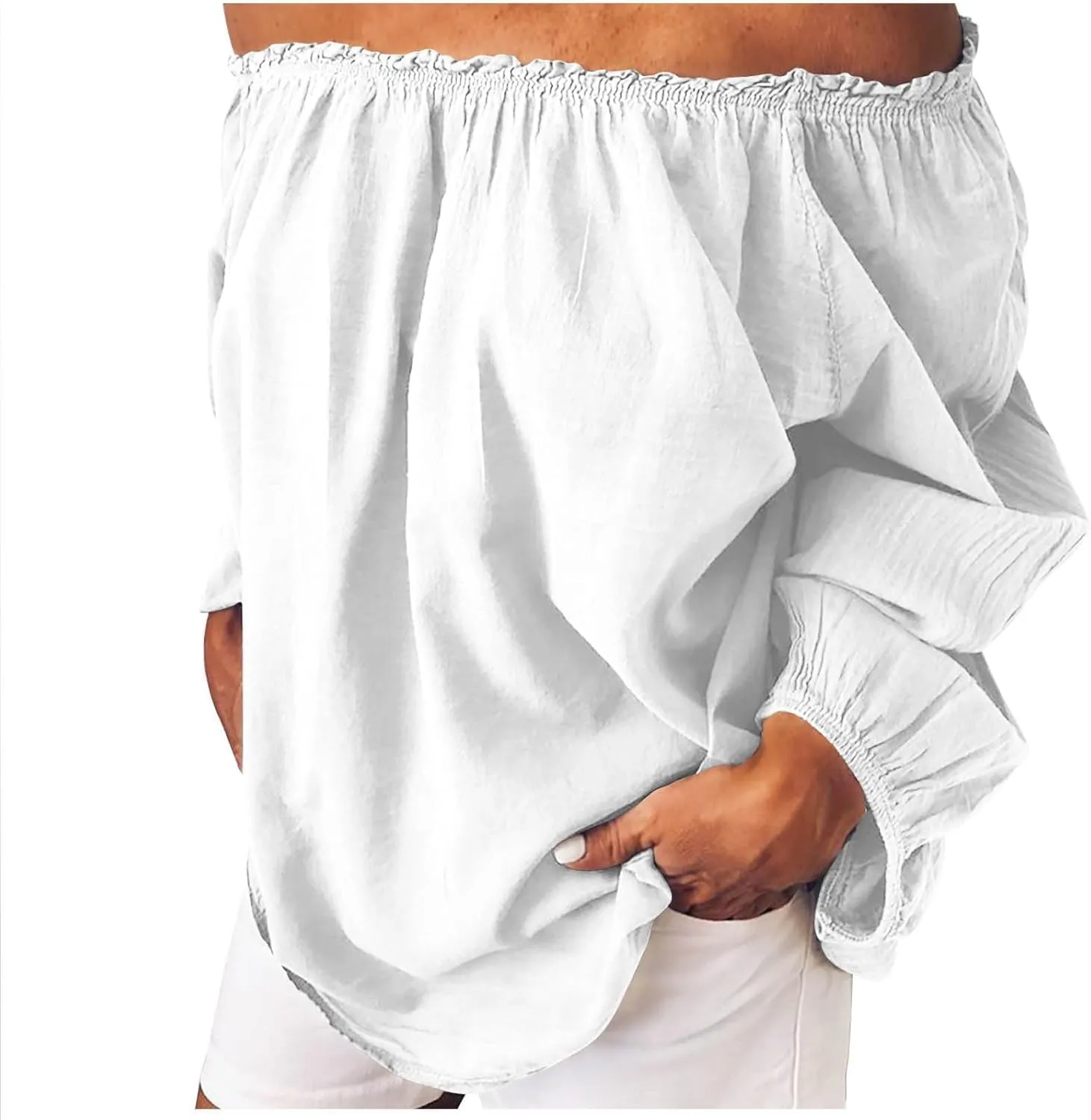 Lmdudan Women's Off The Shoulder Tops Shirred Neck Long Sleeve Flowy Cotton Linen Blouses Shirts 2025 Summer Beach Top Tees