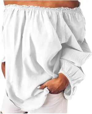 Lmdudan Women's Off The Shoulder Tops Shirred Neck Long Sleeve Flowy Cotton Linen Blouses Shirts 2025 Summer Beach Top Tees