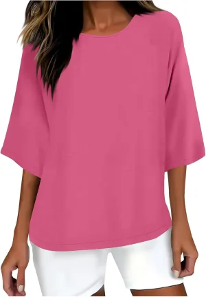 Lmdudan Women's Oversized T Shirts Plus Size 3/4 Sleeve Cotton Linen Shirt Casual Loose Fit Basic Tee Tops Blouses Tunics