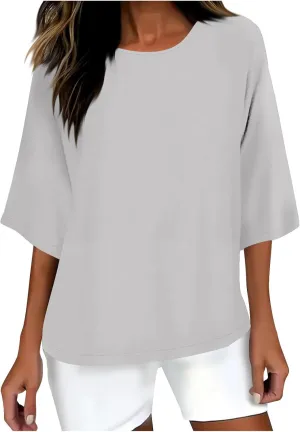 Lmdudan Women's Oversized T Shirts Plus Size 3/4 Sleeve Cotton Linen Shirt Casual Loose Fit Basic Tee Tops Blouses Tunics