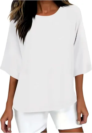 Lmdudan Women's Oversized T Shirts Plus Size 3/4 Sleeve Cotton Linen Shirt Casual Loose Fit Basic Tee Tops Blouses Tunics