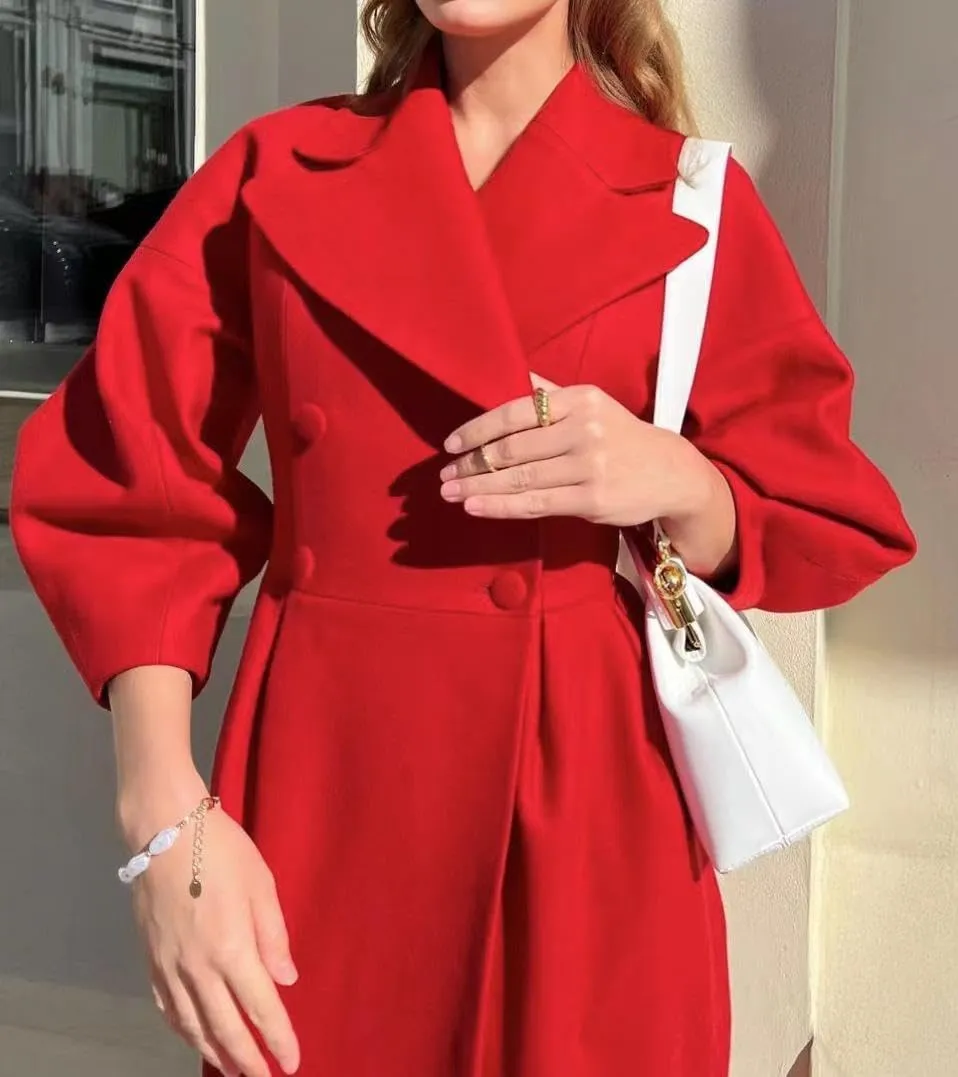 LOAIHA Woolen Trench Coat Women Double Breasted Notch Collar Lantern Sleeve Pea Coats Warm Fall Winter Windbreaker Overcoat