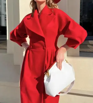 LOAIHA Woolen Trench Coat Women Double Breasted Notch Collar Lantern Sleeve Pea Coats Warm Fall Winter Windbreaker Overcoat