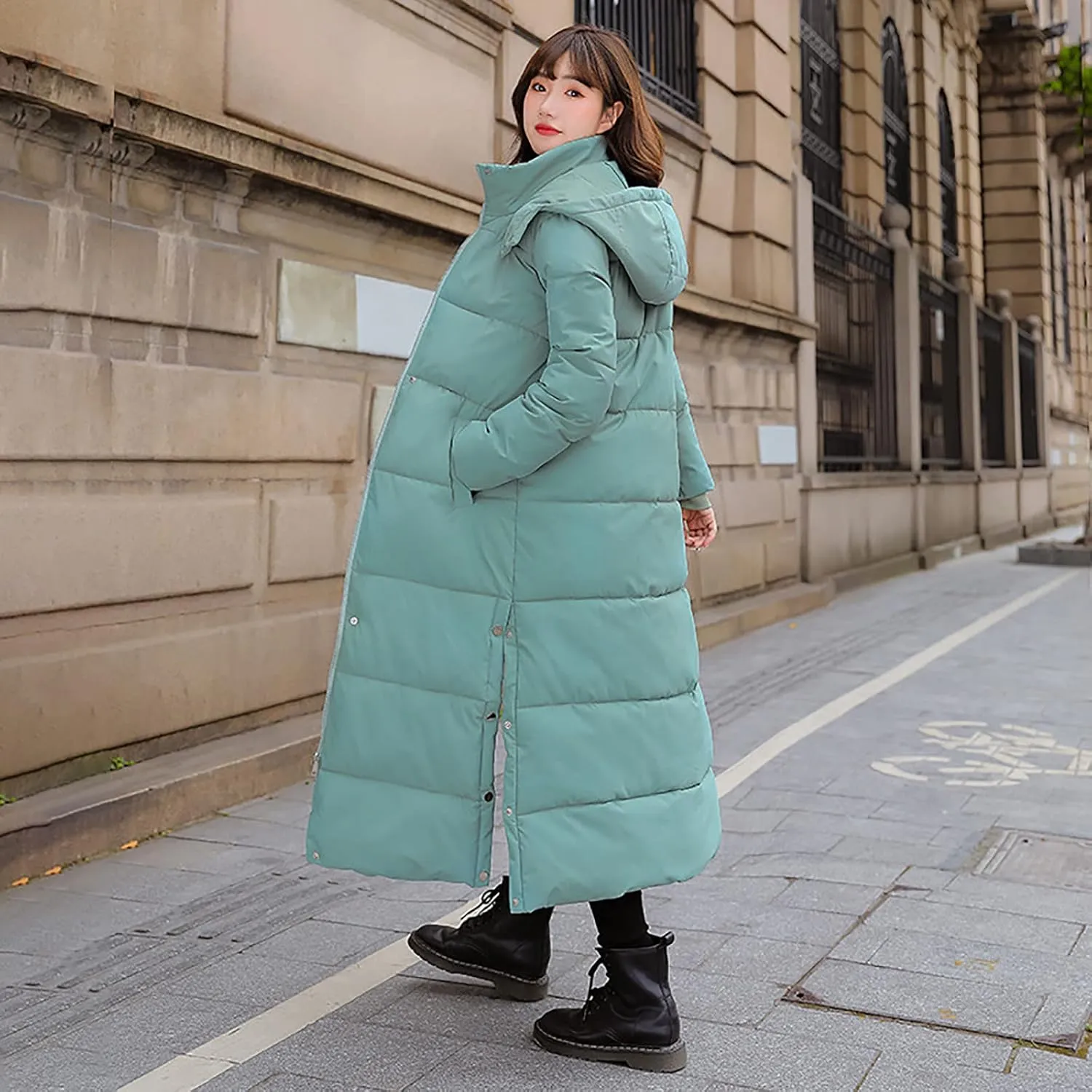 Long Puffer Coat Women with Hood Full Zip Puffer Jacket Padded Down Jacket Quilted Insulated Jacket Fashion Winter Coat