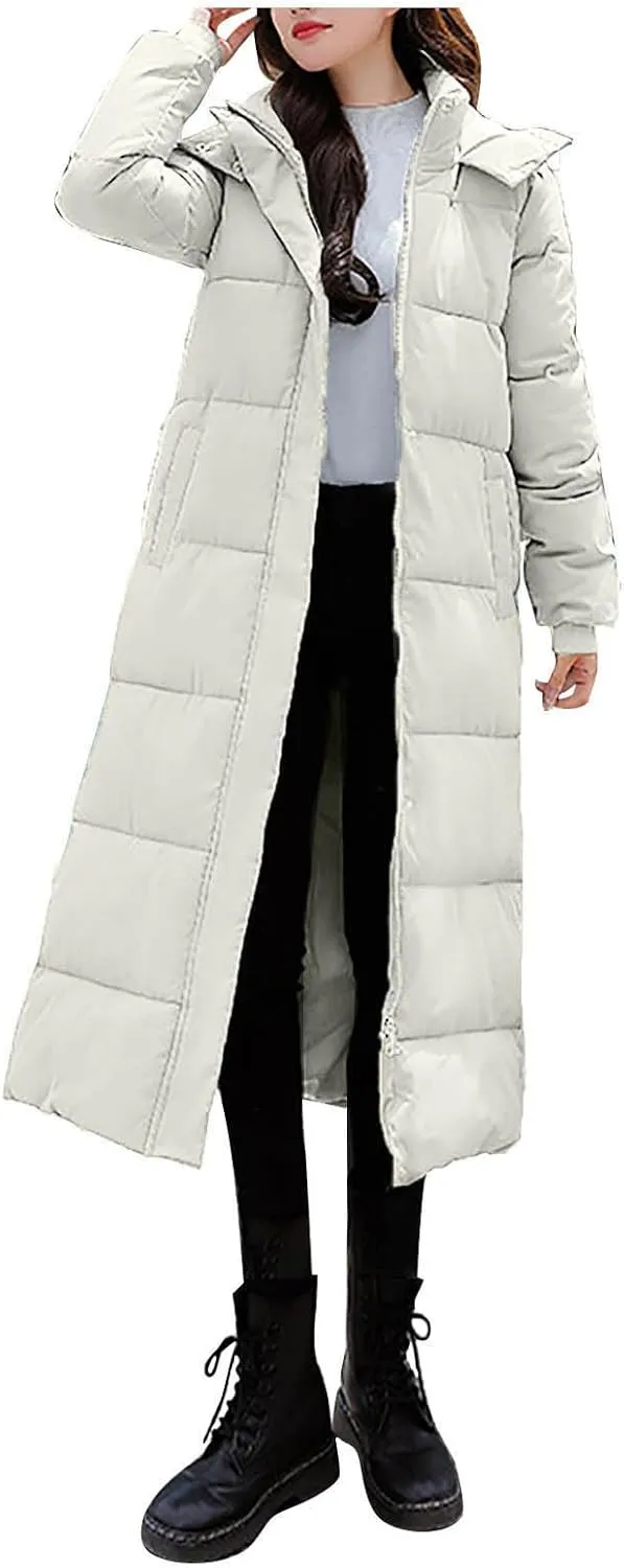 Long Puffer Coat Women with Hood Full Zip Puffer Jacket Padded Down Jacket Quilted Insulated Jacket Fashion Winter Coat