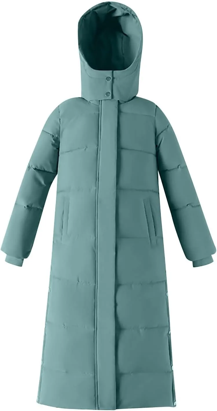 Long Puffer Coat Women with Hood Full Zip Puffer Jacket Padded Down Jacket Quilted Insulated Jacket Fashion Winter Coat