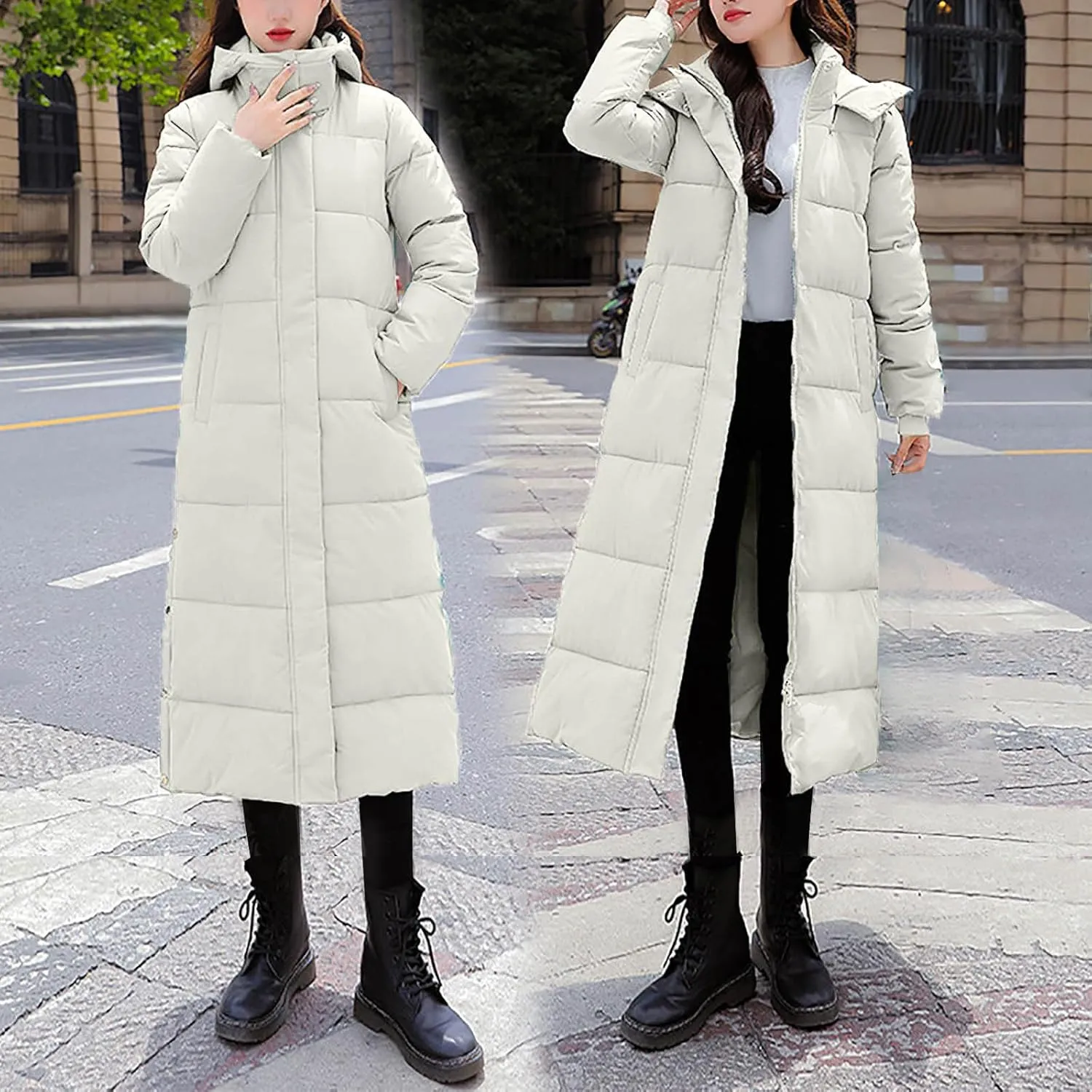 Long Puffer Coat Women with Hood Full Zip Puffer Jacket Padded Down Jacket Quilted Insulated Jacket Fashion Winter Coat