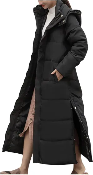 Long Puffer Coat Women with Hood Full Zip Puffer Jacket Padded Down Jacket Quilted Insulated Jacket Fashion Winter Coat