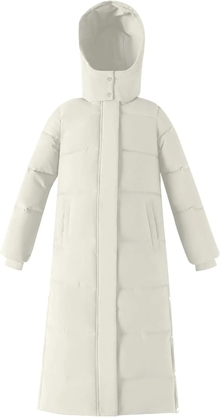 Long Puffer Coat Women with Hood Full Zip Puffer Jacket Padded Down Jacket Quilted Insulated Jacket Fashion Winter Coat
