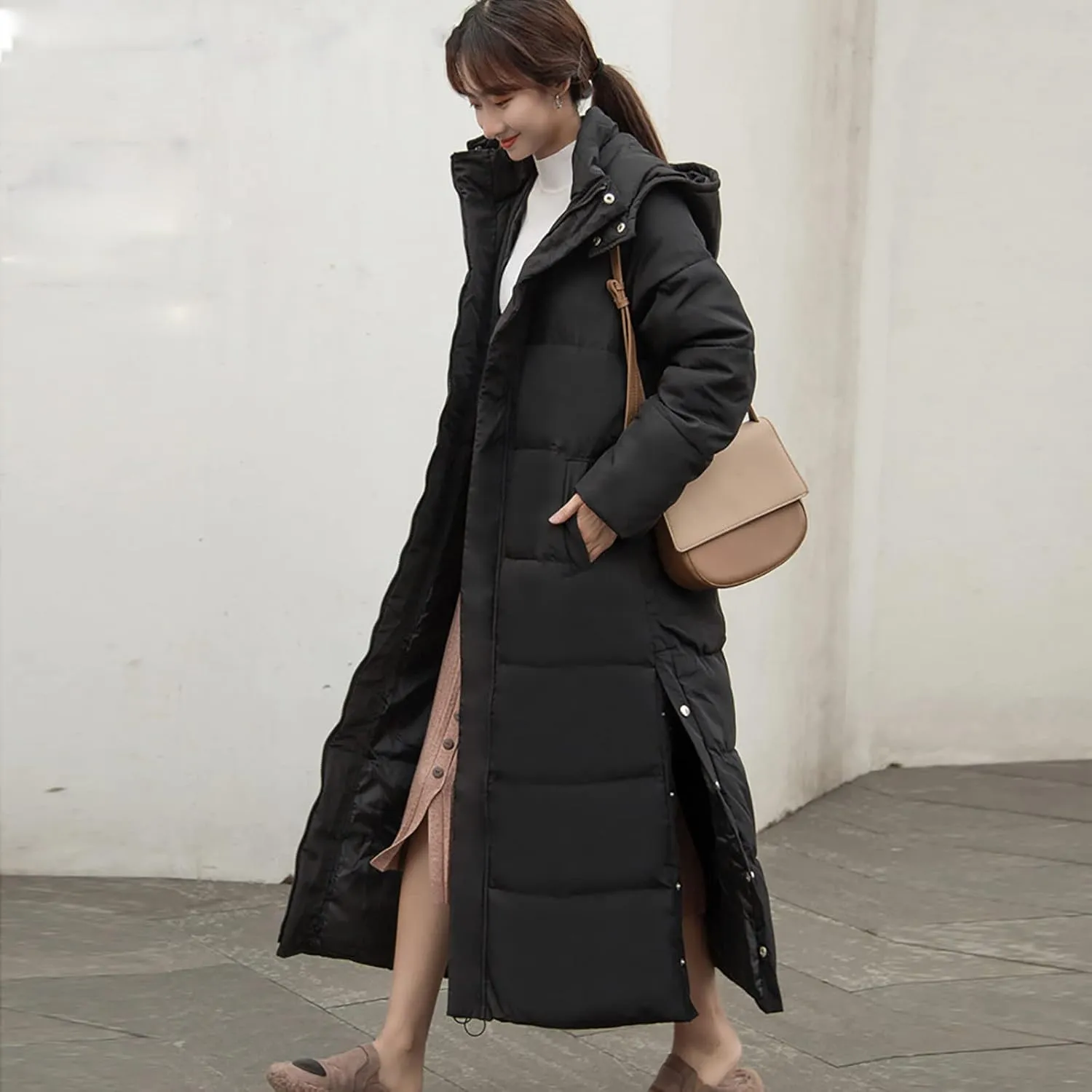 Long Puffer Coat Women with Hood Full Zip Puffer Jacket Padded Down Jacket Quilted Insulated Jacket Fashion Winter Coat