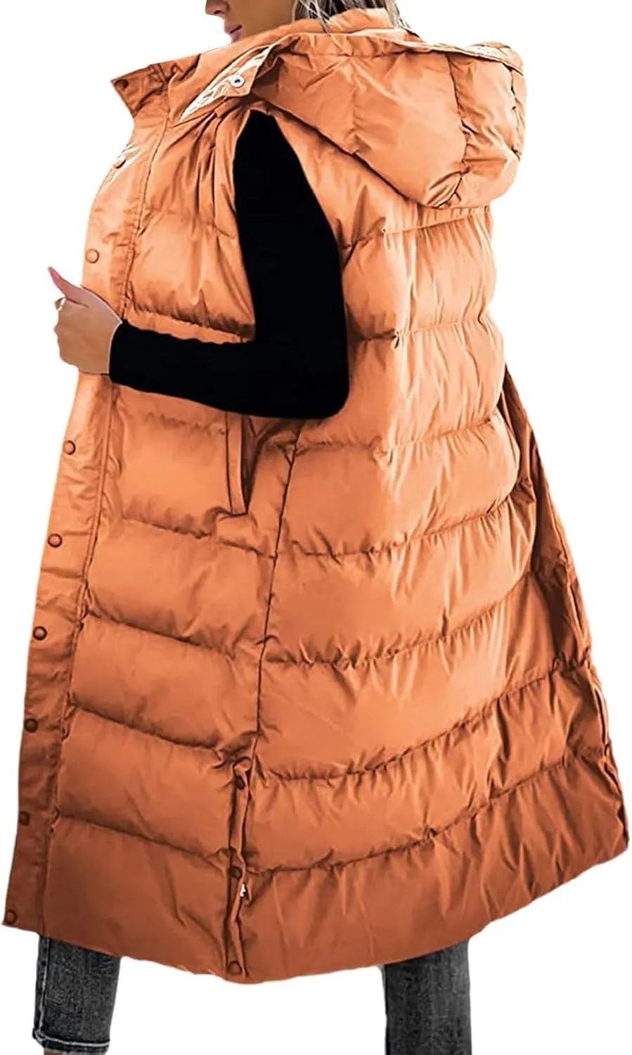 Long Puffer Vest Women Quilted Hooded Sleeveless Zip Up Down Jacket Button Down Vests Outerwear Padded Jacket Coat