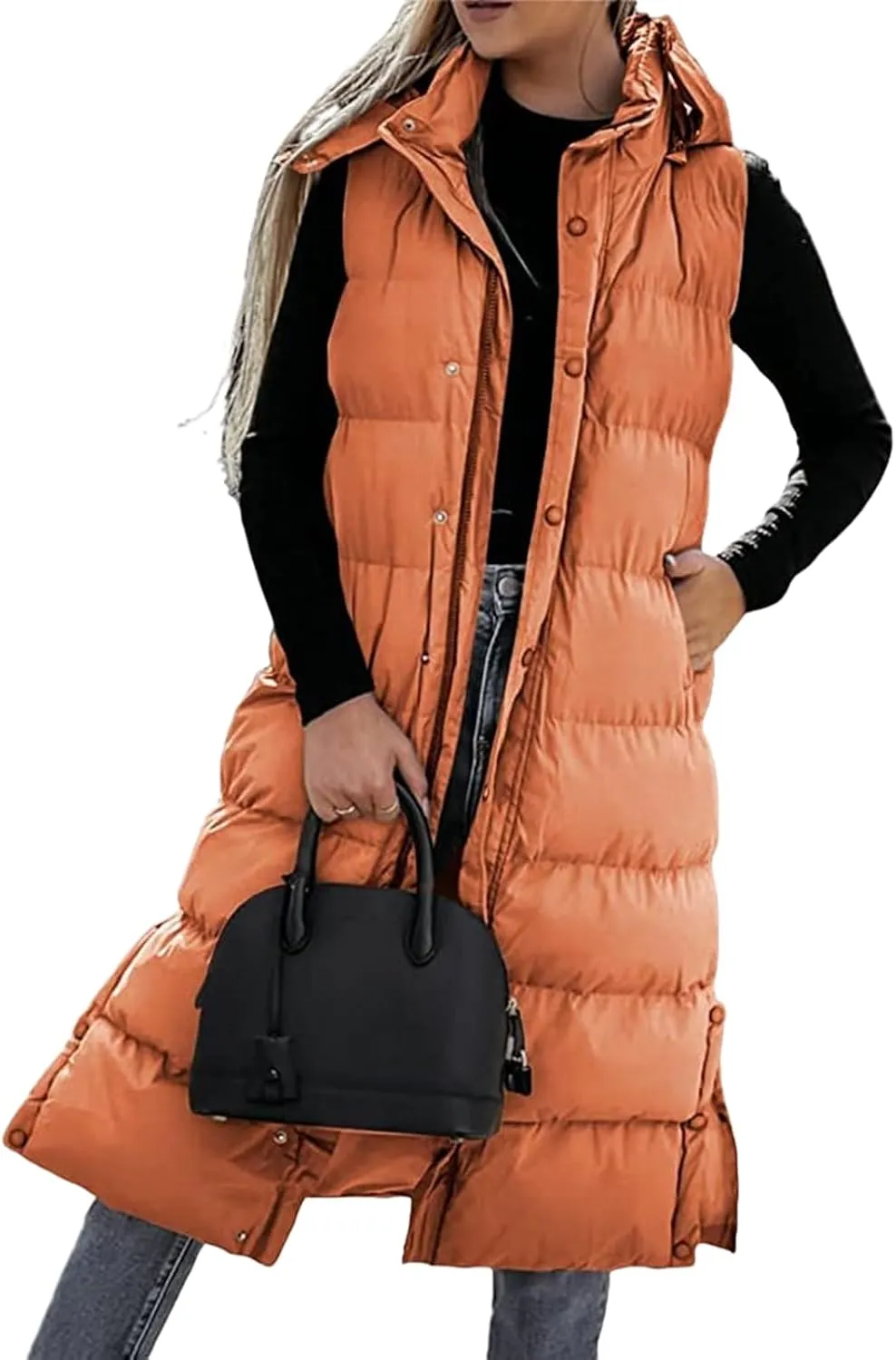 Long Puffer Vest Women Quilted Hooded Sleeveless Zip Up Down Jacket Button Down Vests Outerwear Padded Jacket Coat