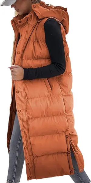 Long Puffer Vest Women Quilted Hooded Sleeveless Zip Up Down Jacket Button Down Vests Outerwear Padded Jacket Coat