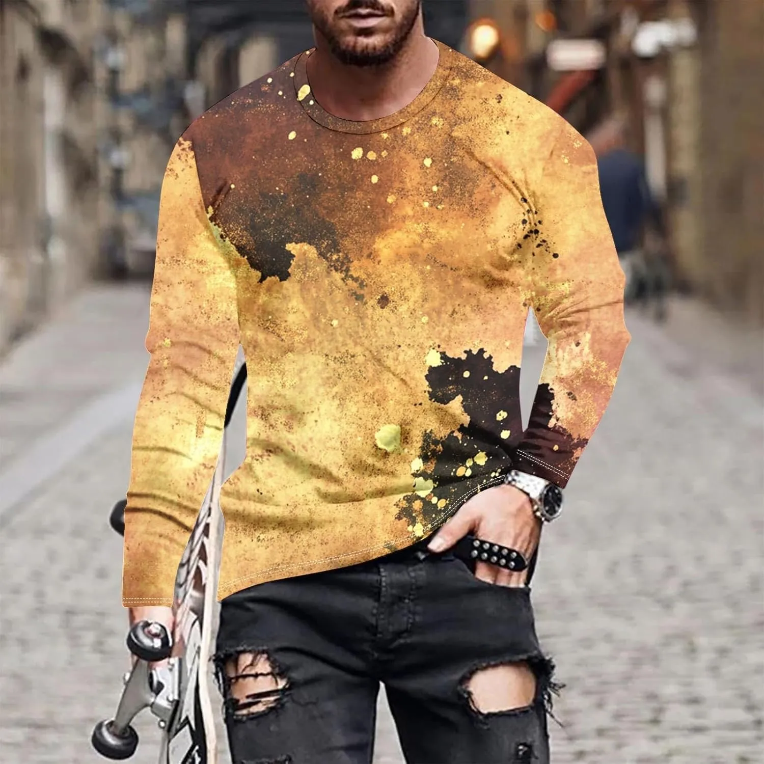 Long Sleeve Shirts for Men Camouflage Print Casual Stylish Workout Crewneck Cotton Sweatshirts Loose Fit Pullover Tees